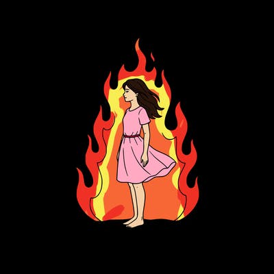 there is a fire but it's not so big but it's big but not too much and there is a girl standing in the middle
