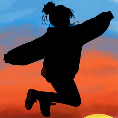 realistic girl jumping with a bun and oversized sweatshirt