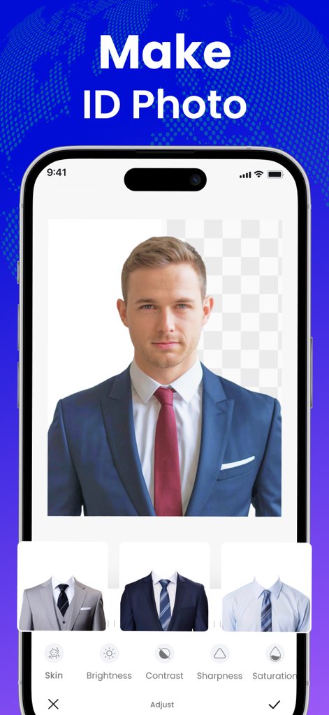 Mobile app interface for creating ID photos with background removal and suit selection options