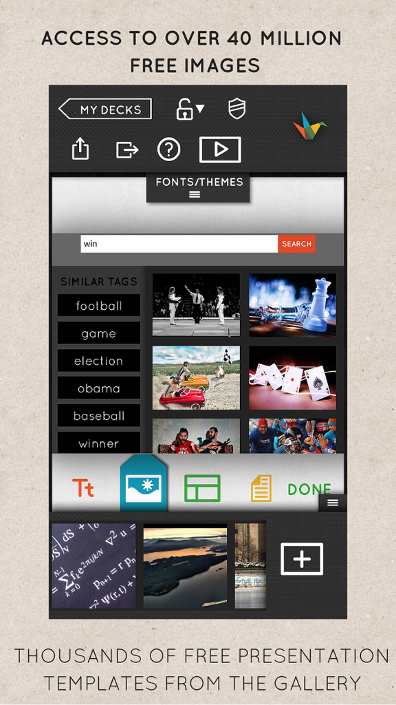Haiku Deck mobile app interface showing a search for free presentation images