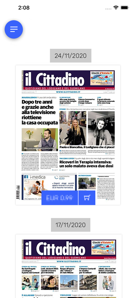 Archivo digital del periódico Il Cittadino di Lodi mostrando ediciones pasadas en una aplicación móvil.