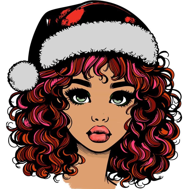 realistic girl with a santa hat curly hair and lips