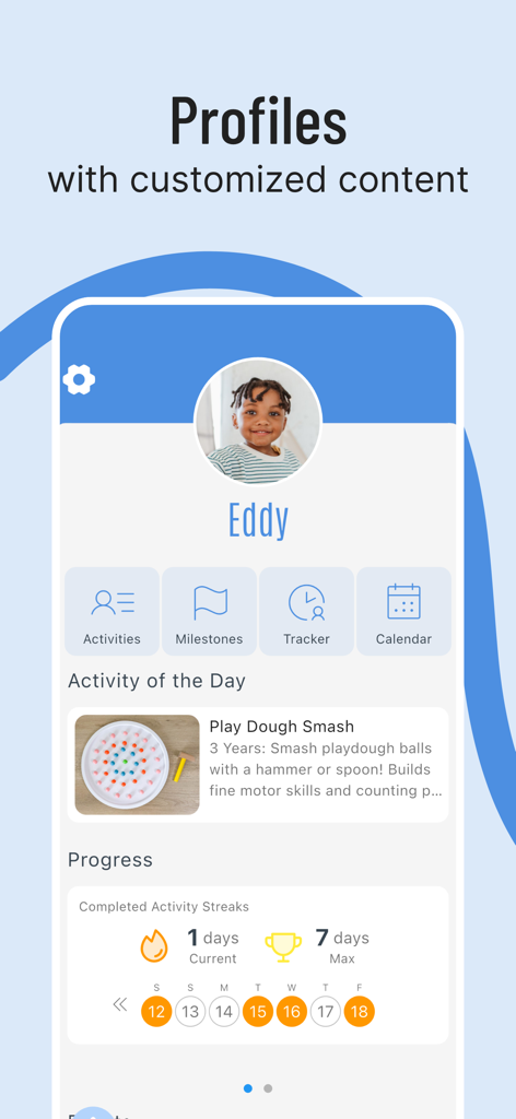 Dashboard-Ansicht eines Kinderprofils in der Inspired Minds App, die Aktivitätsverfolgung, Meilensteine und tägliche Aktivitätsempfehlungen anzeigt.