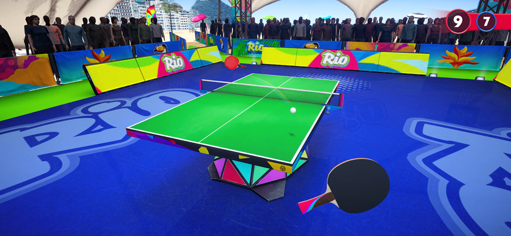 Un partido de tenis de mesa 1 contra 1 en una arena con temática de Río en Ping Pong Fury