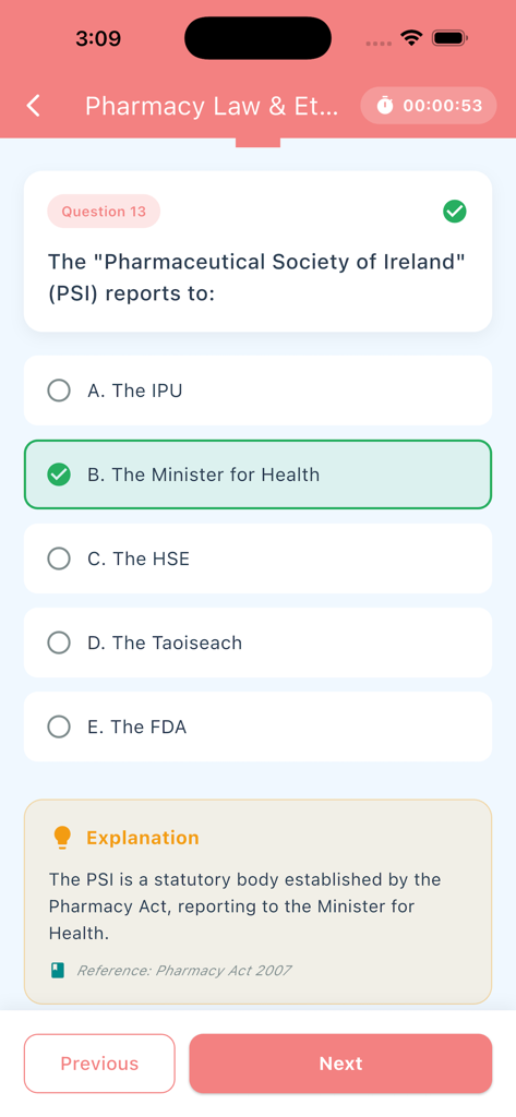 Ireland TCQR MCQ Prep - Ireland TCQR MCQ Prep app showing a pharmacy law practice question with a detailed explanation.