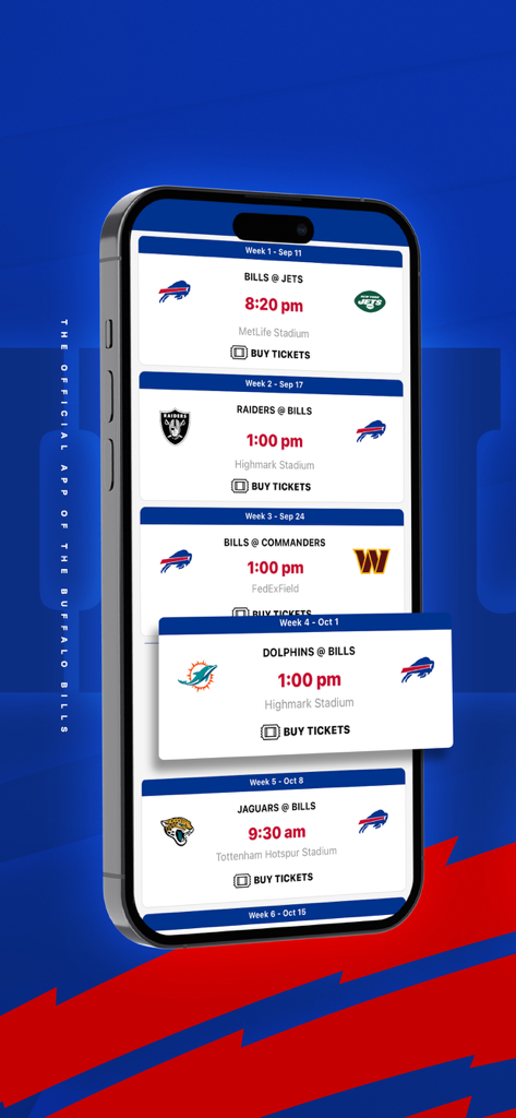 Tela do aplicativo móvel oficial do Buffalo Bills mostrando o calendário de jogos da temporada e botões de compra de ingressos.