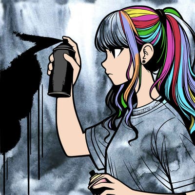 teenage girl spray painting wall black and white realistic