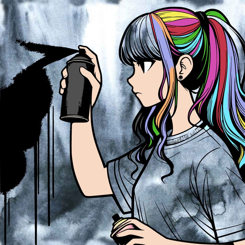 teenage girl spray painting wall black and white realistic