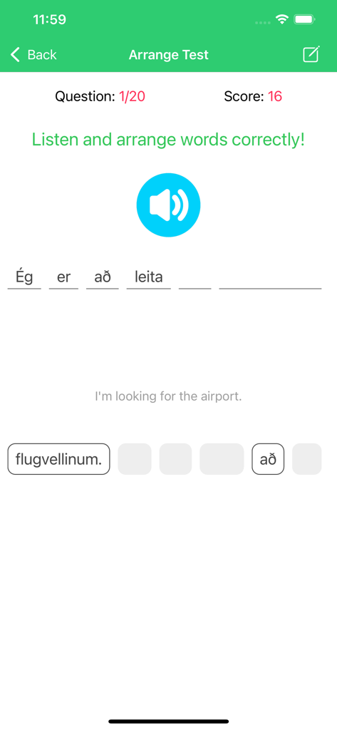 Un juego interactivo de organización de palabras en la aplicación Learn Icelandic Premium que enseña frases de viaje.