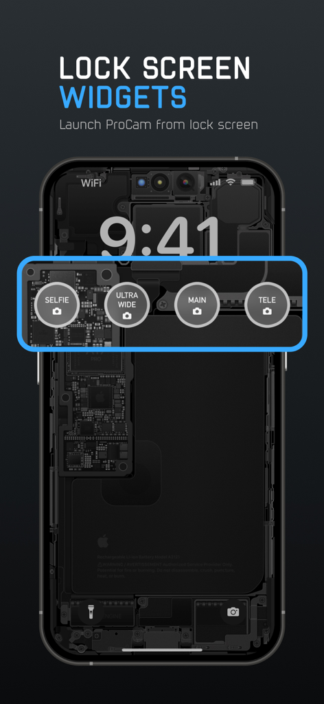 ProCam - Capture ProRAW photos - iPhone lock screen showing ProCam widgets for quick launch of selfie ultra wide main and tele camera modes