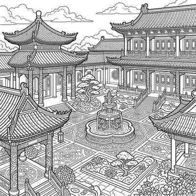 Step into a world of ancient beauty with this intricate palace courtyard coloring page. Discover grand architectural details, serene gardens, and a majestic dragon fountain awaiting your creative touch.