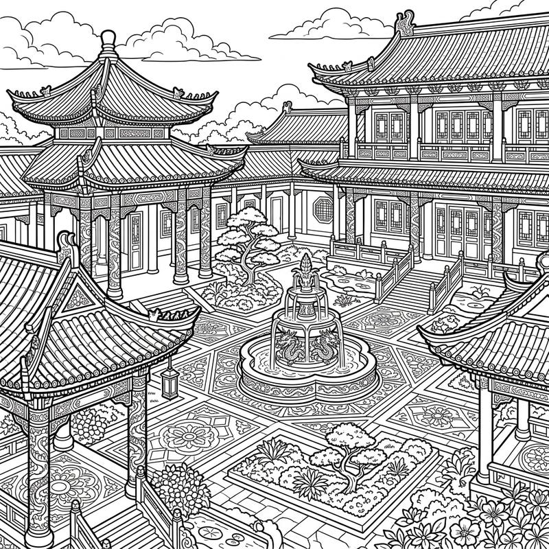 Step into a world of ancient beauty with this intricate palace courtyard coloring page. Discover grand architectural details, serene gardens, and a majestic dragon fountain awaiting your creative touch.