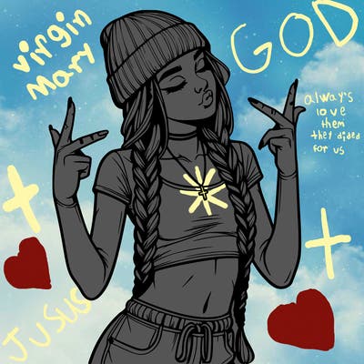 realistic teenage girl with braids and a beanie and crop top doing 🫶🏼