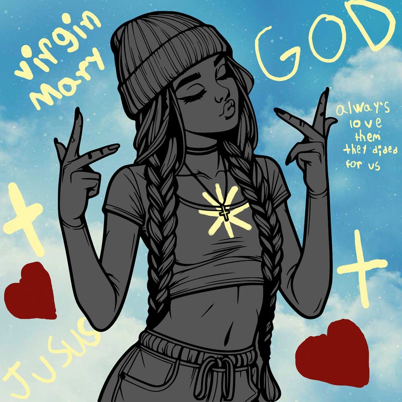 realistic teenage girl with braids and a beanie and crop top doing 🫶🏼