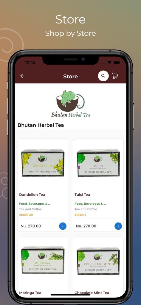 Mobile app interface of zala.bt showing the Bhutan Herbal Tea store with products like Dandelion and Tulsi tea.
