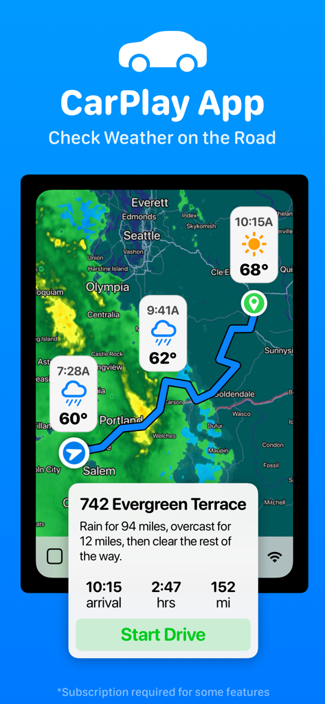 CARROT Weather: Alerts & Radar - App CARROT Weather en CarPlay mostrando el radar meteorológico y detalles de la ruta de conducción