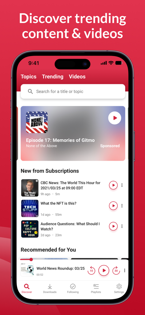 Discover screen of Player FM podcast app featuring trending content and new episodes