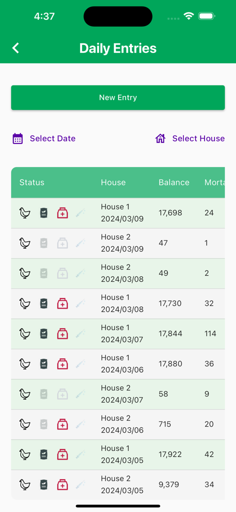 Broiler Plus - Daily entries screen of Broiler Plus app showing bird balance and mortality logs for different poultry houses