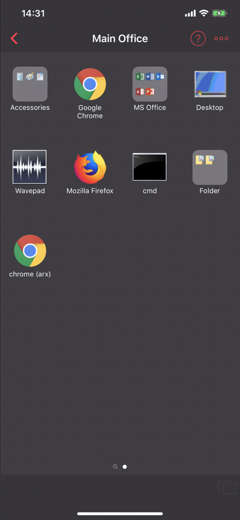 Interface do aplicativo Parallels Client exibindo ícones de acesso remoto para MS Office, Chrome, Firefox e desktop Windows
