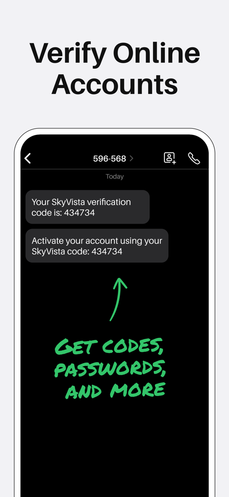 Sideline - Private 2nd Line - App screenshot showing a second line receiving a verification code via text for an online account.