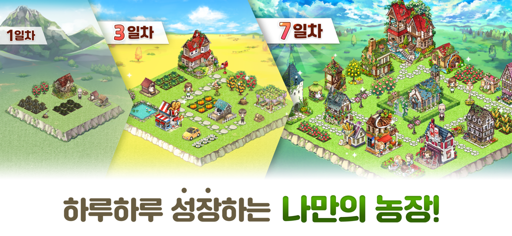 A comparison of a cozy town growing from a simple farm on Day 1 to a detailed village by Day 7.