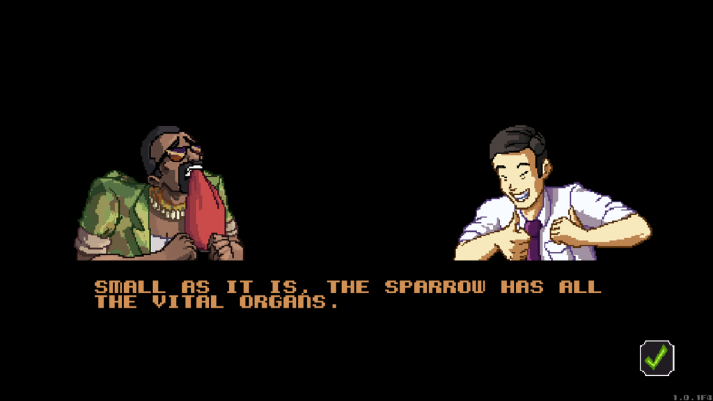 Schermata di dialogo in pixel art di Super Blackjack Battle 2 con due personaggi e testo in stile arcade retrò