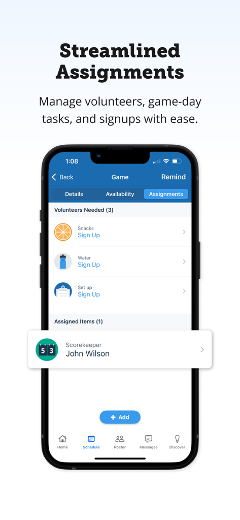 TeamSnap mobile app screen showing streamlined volunteer assignments and game day signups for youth sports