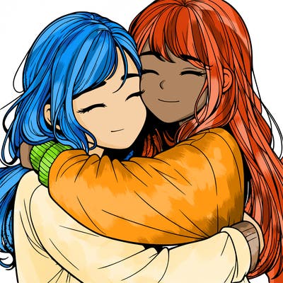 realistic two girls hugging