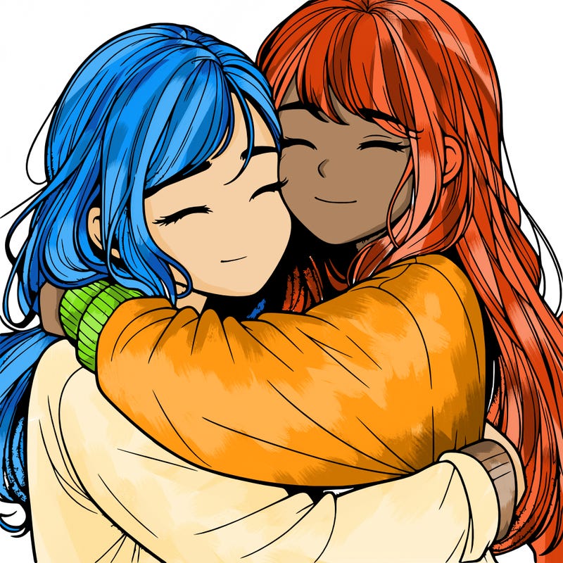 realistic two girls hugging