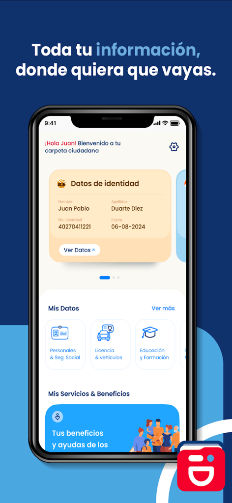 Interface of the Soy Yo RD mobile app showing Dominican identity data and document categories on a smartphone