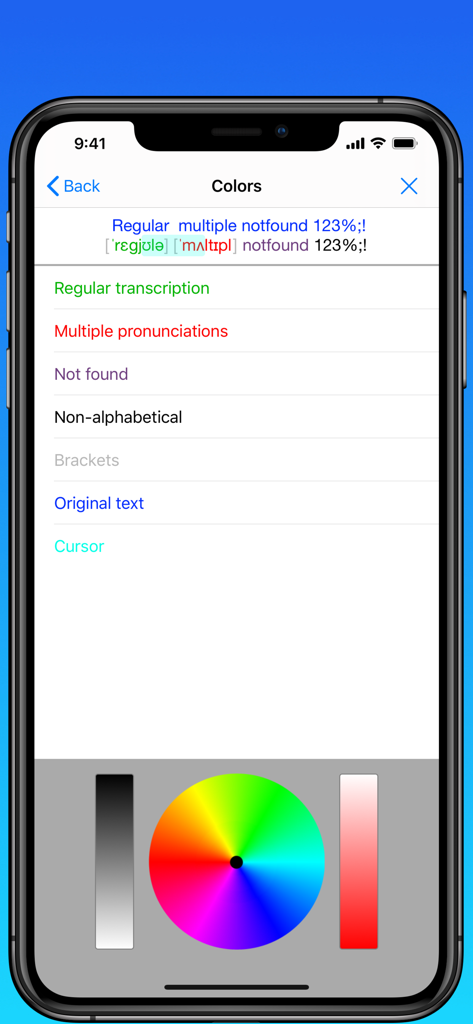 Color customization settings for phonetic transcription text in the toPhonetics app