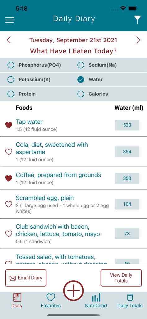 KidneyDiet - The daily diary screen of the KidneyDiet app showing a list of consumed foods and their tracked water intake.