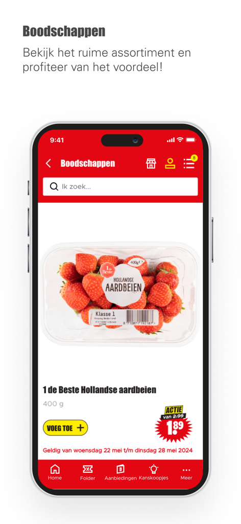 Aplicativo Dirk Supermarkt mostrando uma página de produto com desconto para morangos com um adesivo de redução de preço