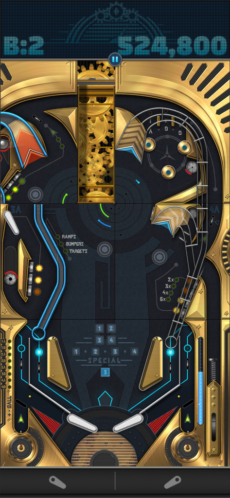 Digital pinball gameplay on The Apparatus table featuring gold mechanical gears and steampunk design