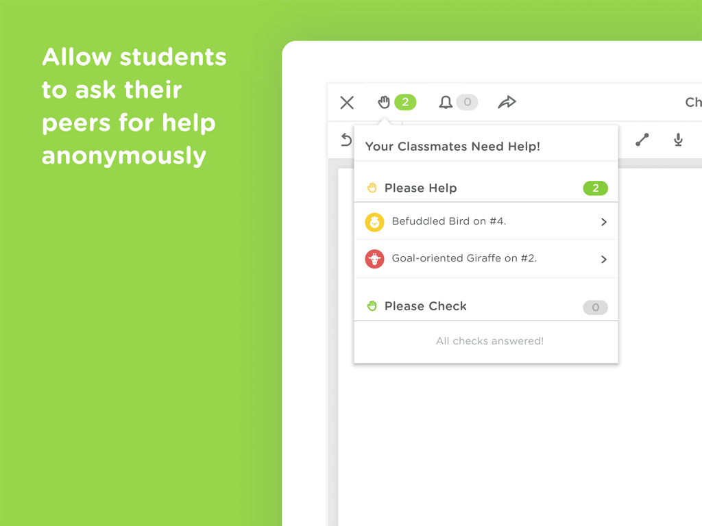 Classkick app interface showing the anonymous peer-to-peer help feature with student animal aliases.