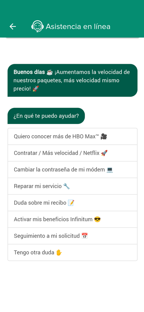 L'écran d'assistance en ligne de l'application Telnor affichant une interface de chat avec des options pour le support technique, la facturation et les mises à niveau de service