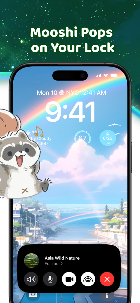Mooshi - Ah Shimeji - Cute raccoon shimeji character on an aesthetic iPhone lock screen