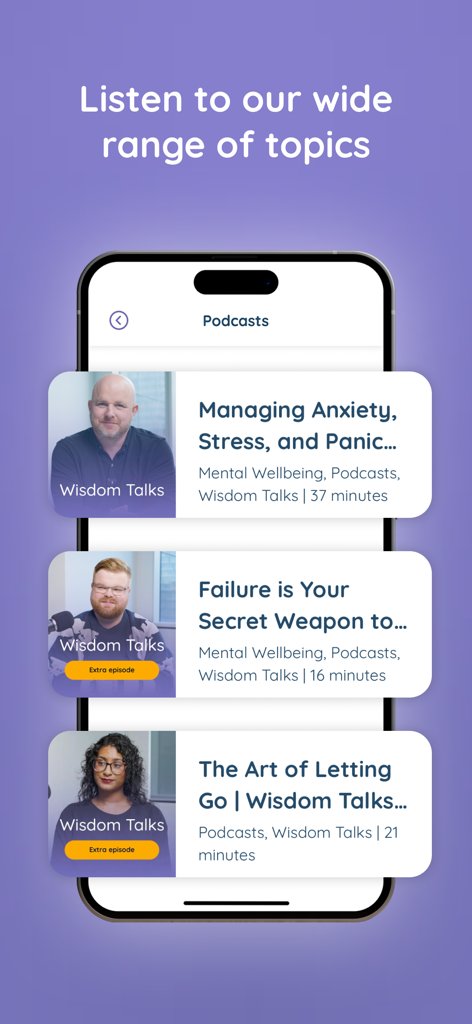 Wisdom: Learn, Grow, Thrive - Una pantalla de smartphone que muestra una variedad de podcasts de bienestar mental de la aplicación Wisdom de Health Assured