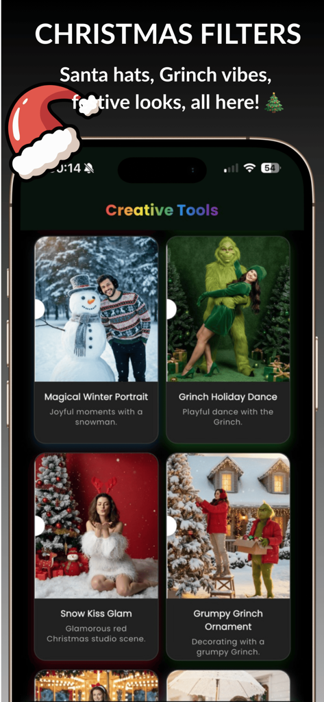 Banana Studio: AI Photo Edit - Interfaz de la aplicación de IA de Banana Studio que muestra varios filtros de fotos navideños y de vacaciones, incluidos estilos de retratos de Grinch e invierno