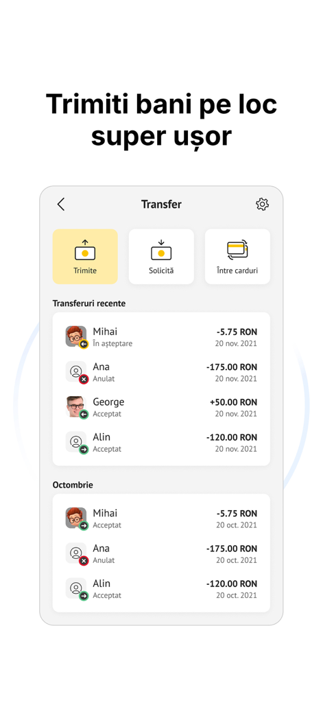 BT Pay mobile app screen showing options to send and request money transfers with recent transaction history