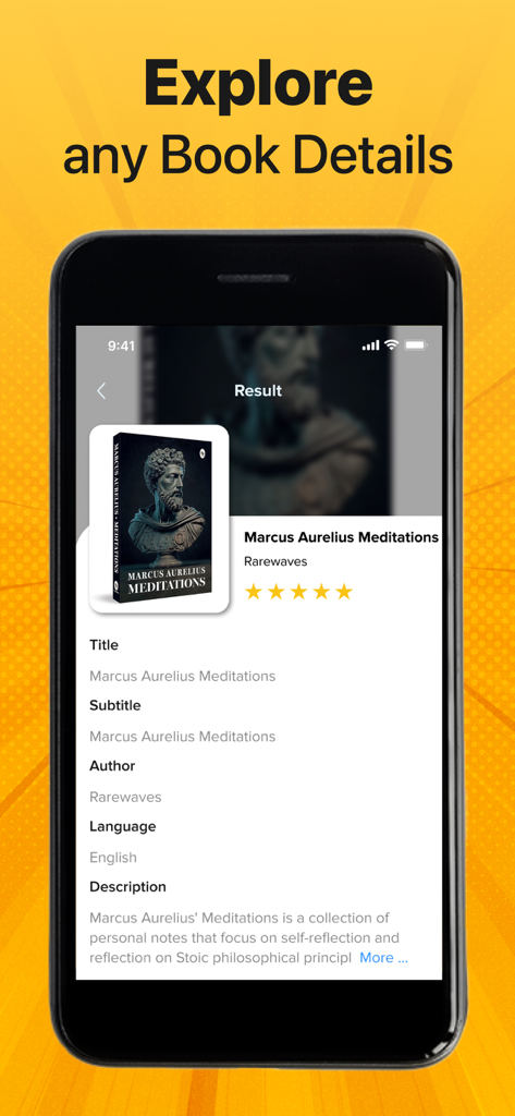 Mobile app interface showing detailed book information and description after scanning