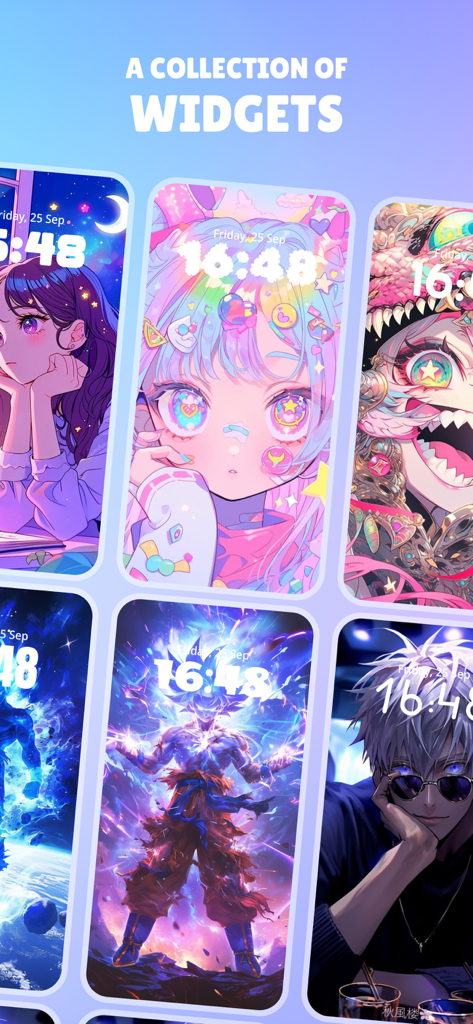 DIY Wallpaper & Widget - Una colección de vibrantes widgets y fondos de pantalla para pantalla de bloqueo de iPhone con temática de anime, mostrando varios estilos creativos.