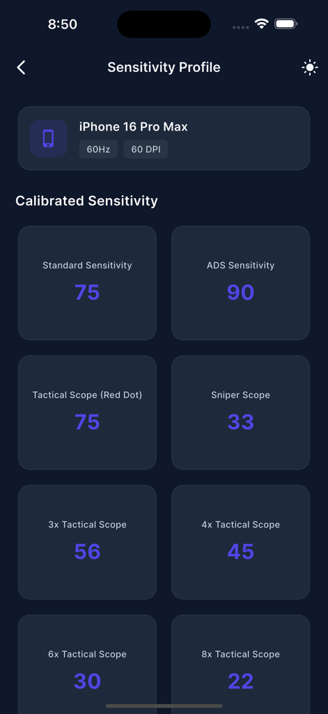 Sensi Tracker - Pantalla de la aplicación Sensi Tracker que muestra la configuración de sensibilidad calibrada para un iPhone 16 Pro Max