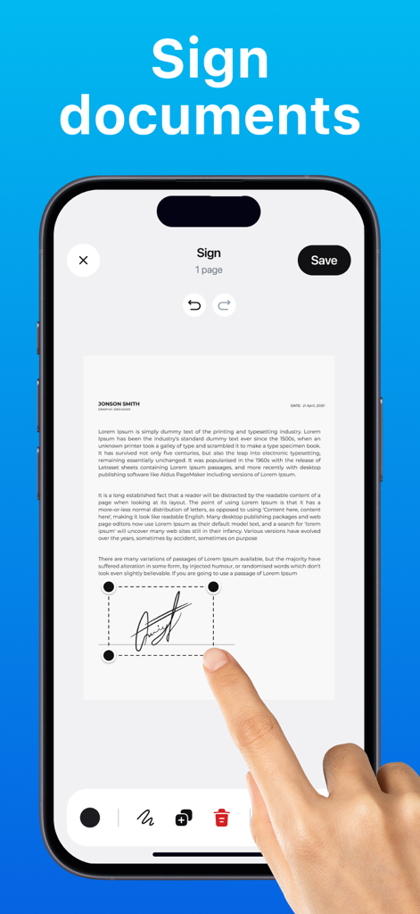 E-signature PDF: sign document - ユーザーがiPhone上の書類にデジタル署名を追加している。
