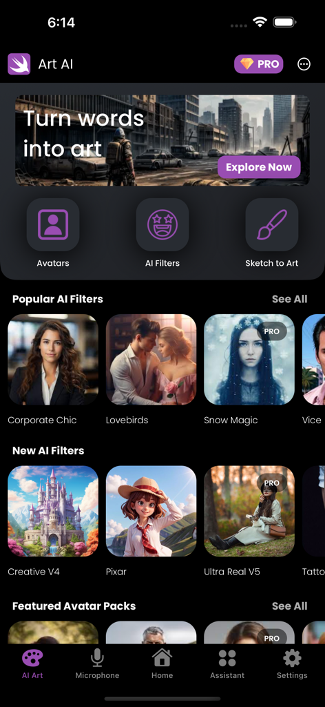 Mobile app interface of Black AI showing various image generation filters and avatar creation options