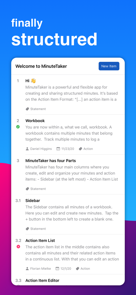 MinuteTaker - Meeting Notes - Interface of MinuteTaker app displaying structured meeting notes and action items