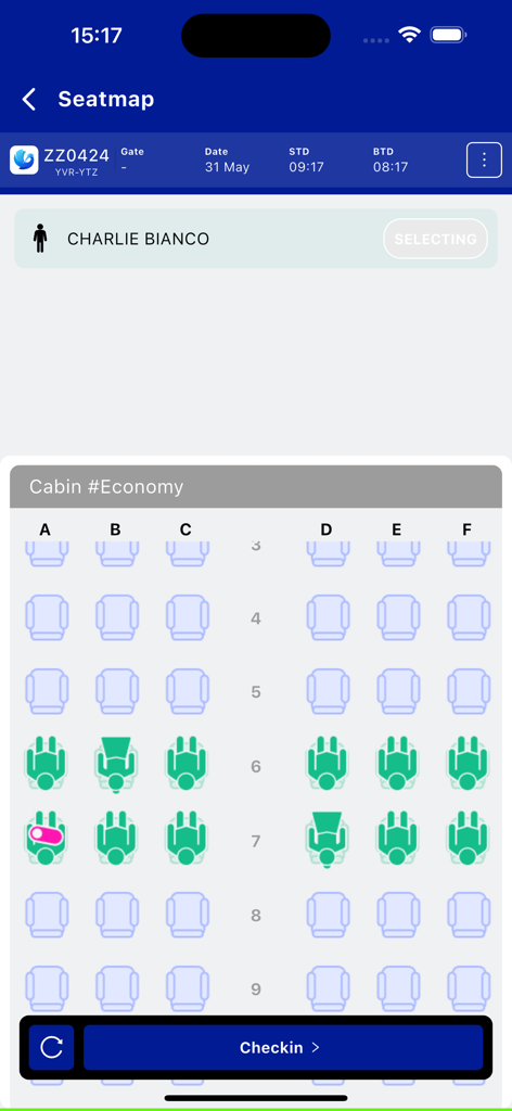 Multi DCS - Multi DCS mobile app showing an aircraft economy cabin seatmap with selected passenger Charlie Bianco for check in
