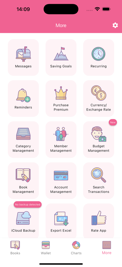 A menu screen of the Money Plus app showing various finance management features with colorful pastel icons