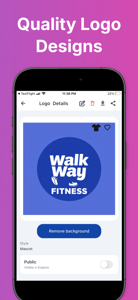 Logo Maker 3D - Smartphone screen displaying the Logo Maker 3D app interface with a blue fitness logo design for WalkWay Fitness