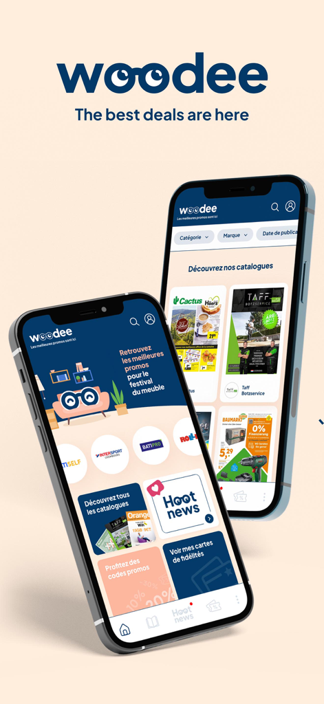 Woodee - Woodee app interface showing digital catalogs and promotions on two smartphones